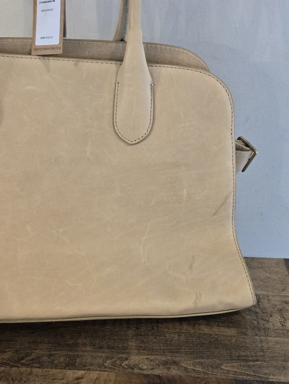 Margot New York Genuine Leather Bowling Bag in color Sand